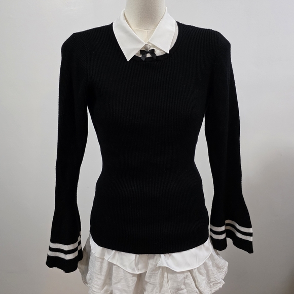 Marled black and white striped bell sleeves ribbed crewneck sweater - Picture 2 of 4